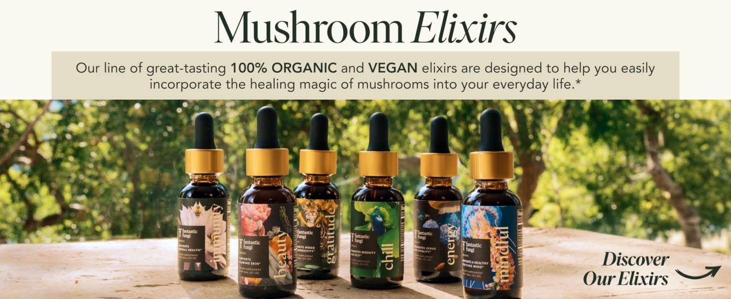 Showcases the full Mushroom Elixirs product line and highlights the brand values of organic and vegan formulation to help shoppers discover the range and understand brand positioning.