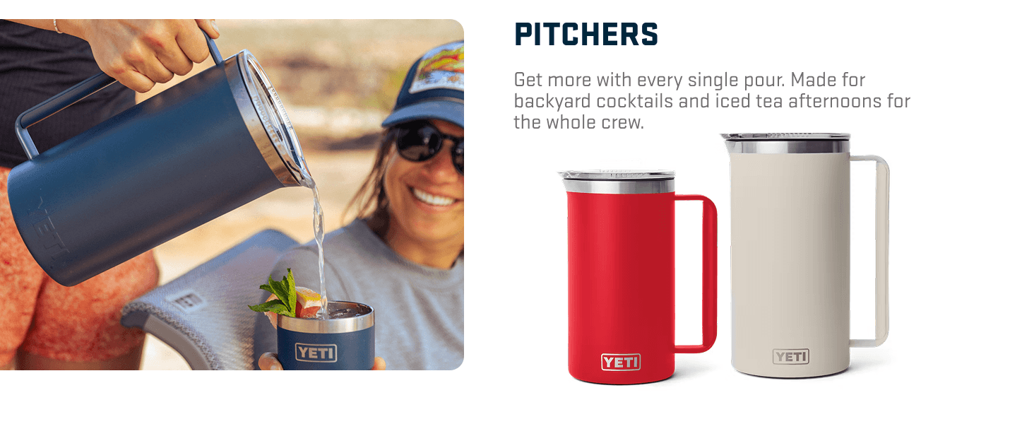 Showcases the brands pitcher product line with multiple color options and lifestyle context to help shoppers understand the variety available and envision the product in use for entertaining.
