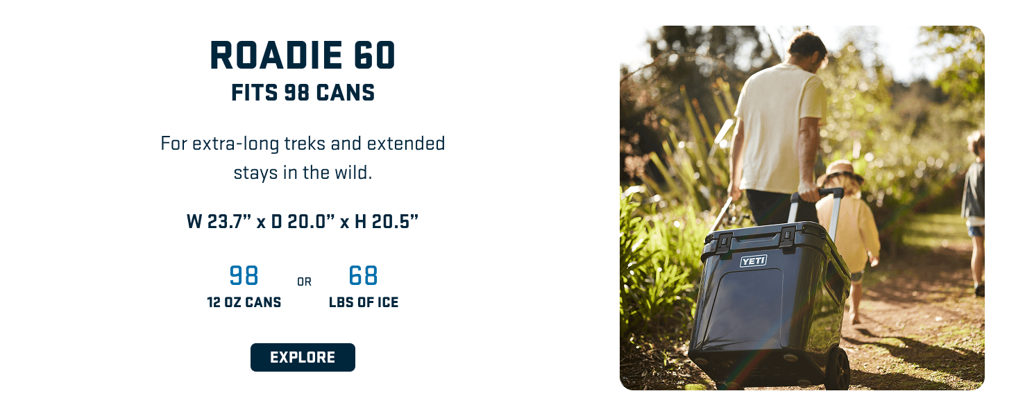 Presents one model from the YETI Roadie cooler lineup with capacity specs and dimensions to help shoppers choose the right size for their needs. Highlights the cooler's capacity with quantifiable…