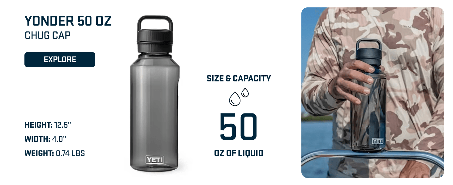 Communicates the exact physical size and liquid capacity of the 50 oz bottle to help shoppers understand the product dimensions and volume. Highlights the 50 oz liquid capacity as a key performance…