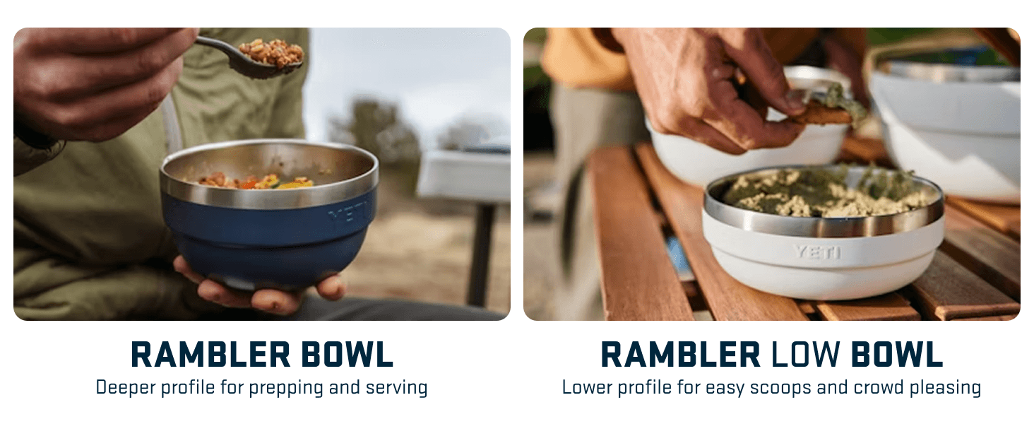 Compares two bowl profiles within the same product line to help shoppers understand the difference between deeper bowls for prepping versus lower bowls for easy scooping.