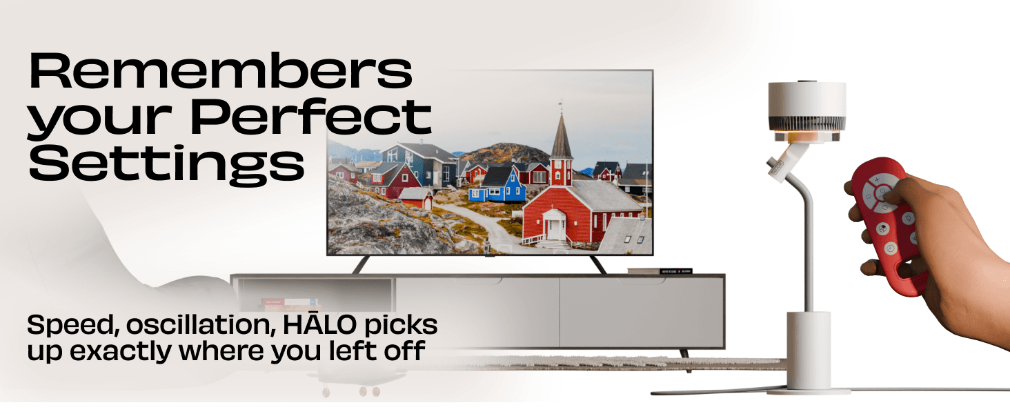 Shows the fan remembers speed and oscillation settings with the HALO remote so shoppers know it picks up exactly where they left off. Illustrates using the remote to control the fan in a living room…