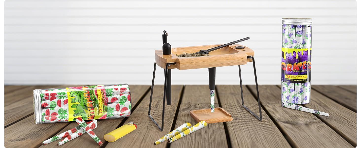 Shows the tray with included accessories and papers laid out together to highlight the complete set versus loose items. Displays everything included with the folding tray such as papers, lighter,…