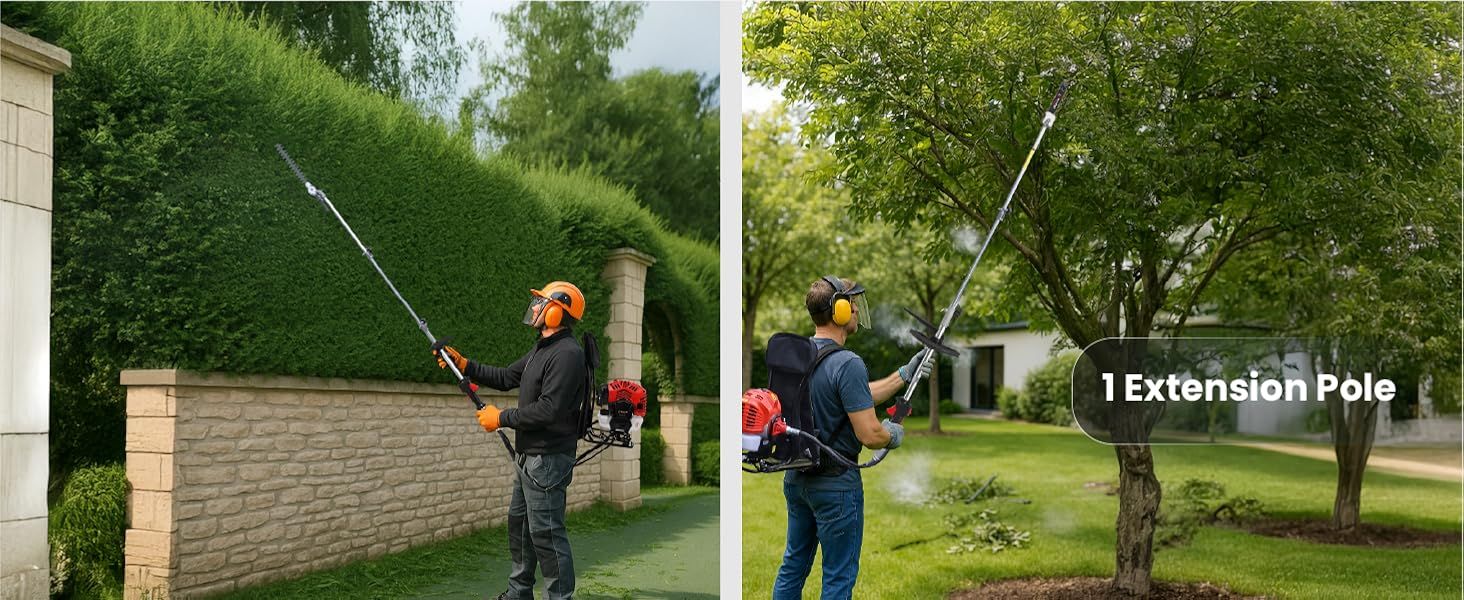 Shows the pole attachment handling tall hedges and trees to help shoppers see the range of jobs it covers. Highlights that the unit includes one extension pole for reaching high areas.