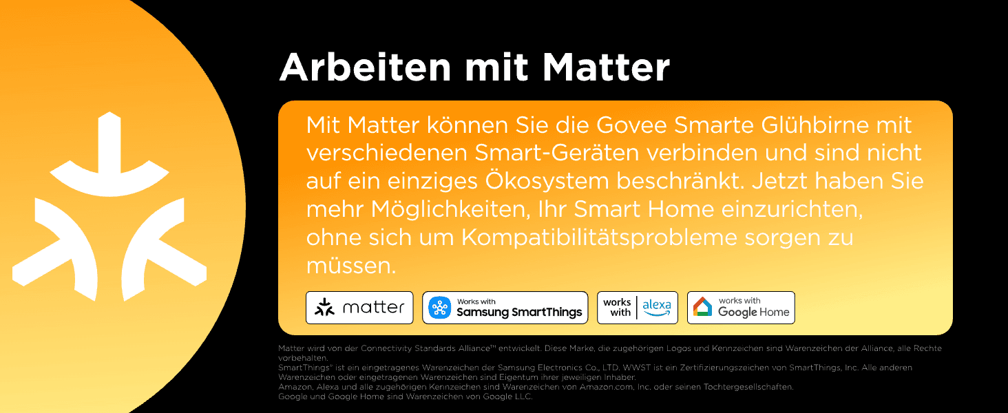 Reassures shoppers that the bulb works with Matter and major smart home ecosystems so they can build a smart home without compatibility worries.