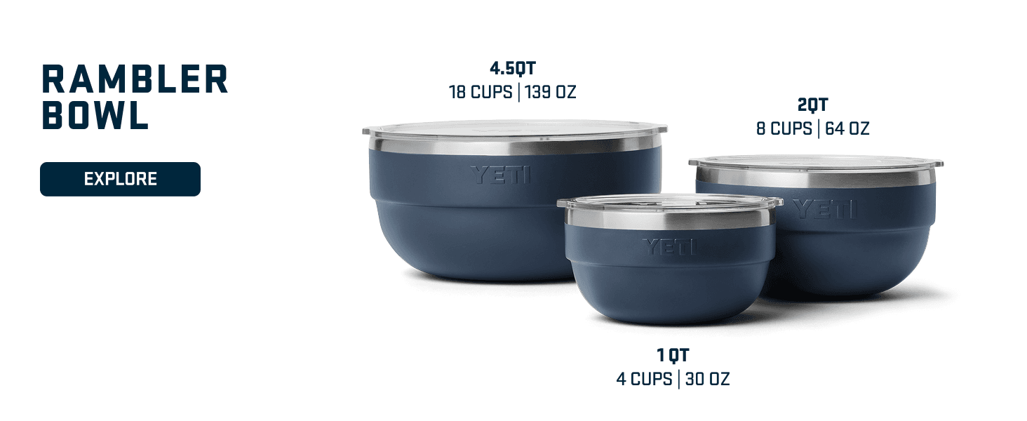 Displays the Rambler Bowl product line with three size options to help shoppers choose the right capacity for their needs.