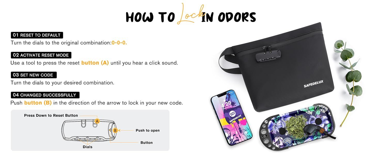 Walks shoppers through the four steps to reset and set a new combination on the lock so they feel confident using the product daily. Labels the reset button, dials, and push-to-open button on the…