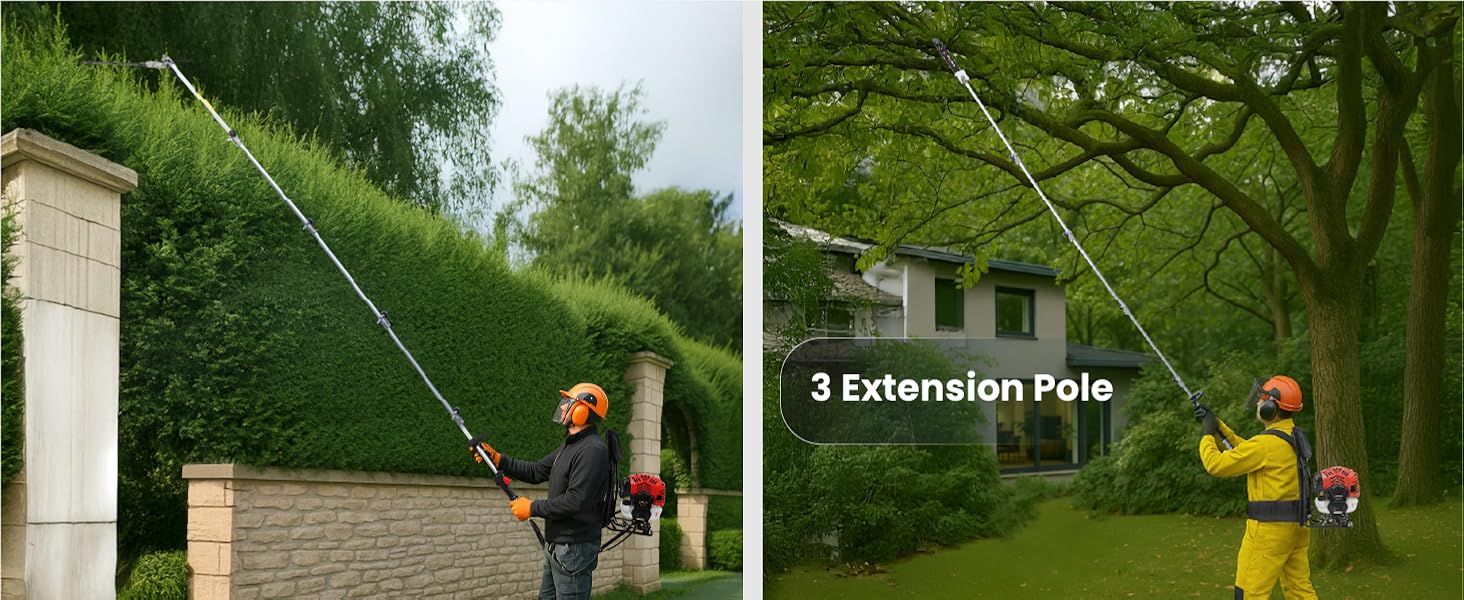 Shows the three-section extension pole reaching high branches and hedge tops to convey extended reach.