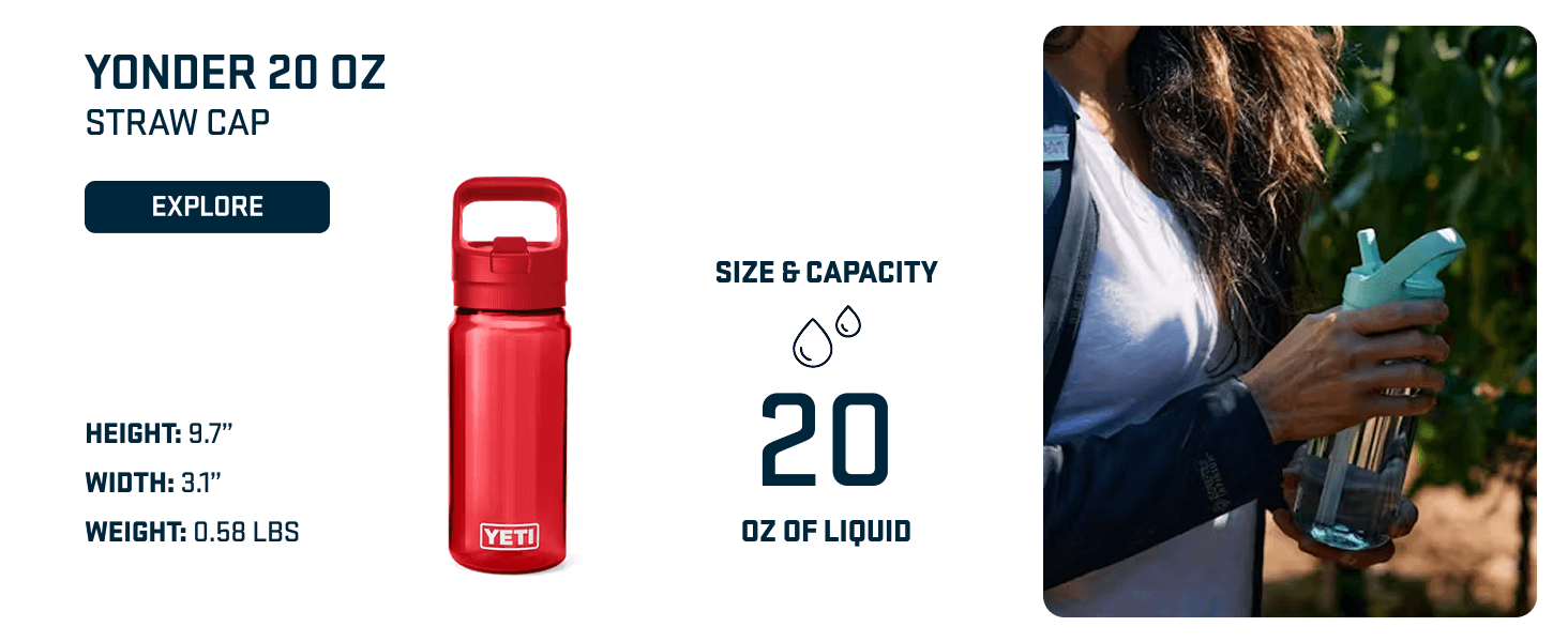 Communicates the exact physical size, weight, and liquid capacity of the 20 oz straw cap bottle to help shoppers understand the product dimensions and volume. Highlights the 20 oz liquid capacity as…