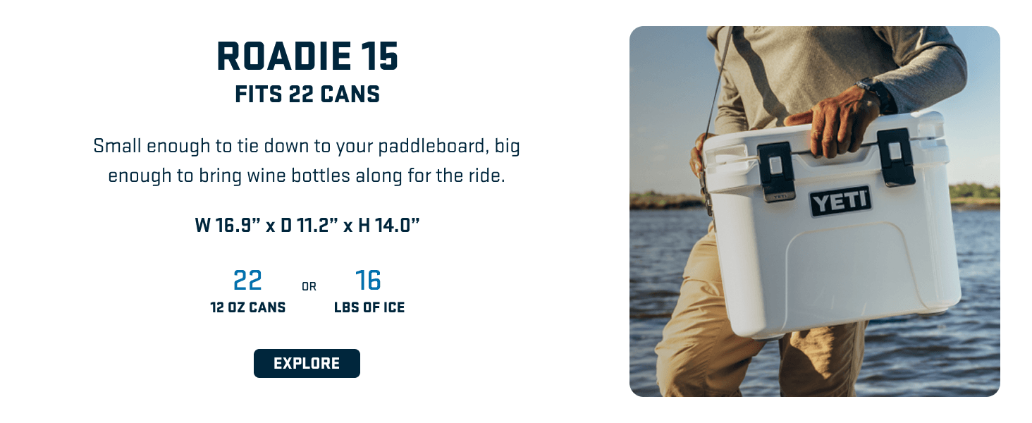Presents one model from the YETI Roadie cooler lineup with capacity specs and dimensions to help shoppers choose the right size for their needs. Highlights the cooler's capacity with quantifiable…