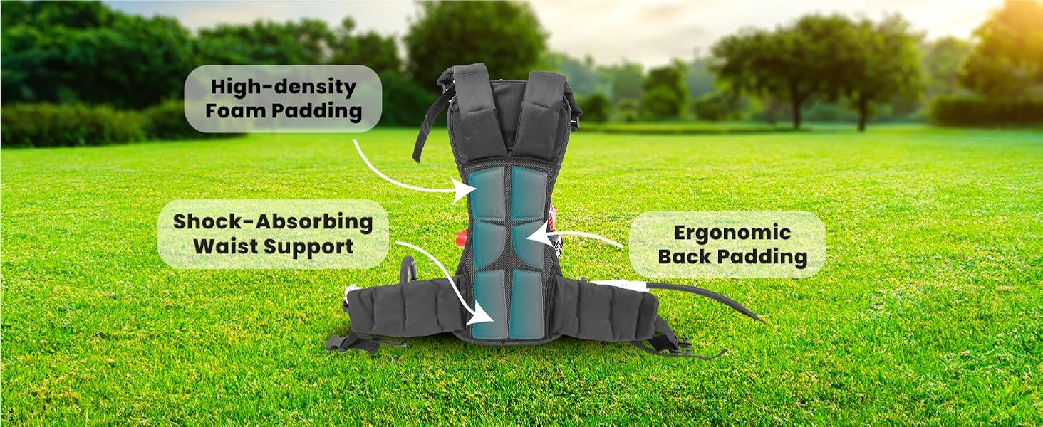 Breaks down the backpack padding zones to reassure shoppers about comfort and reduced strain during long use.