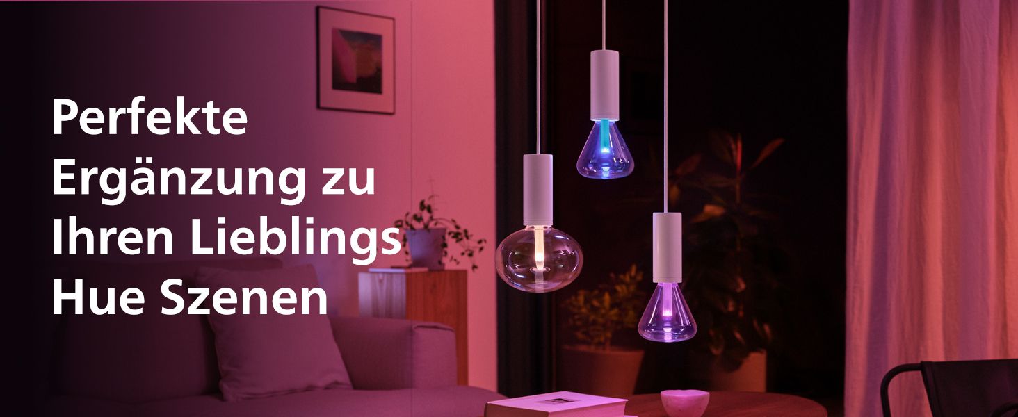 Shows the bulbs complementing Hue color scenes so shoppers understand they extend their existing smart lighting setup.