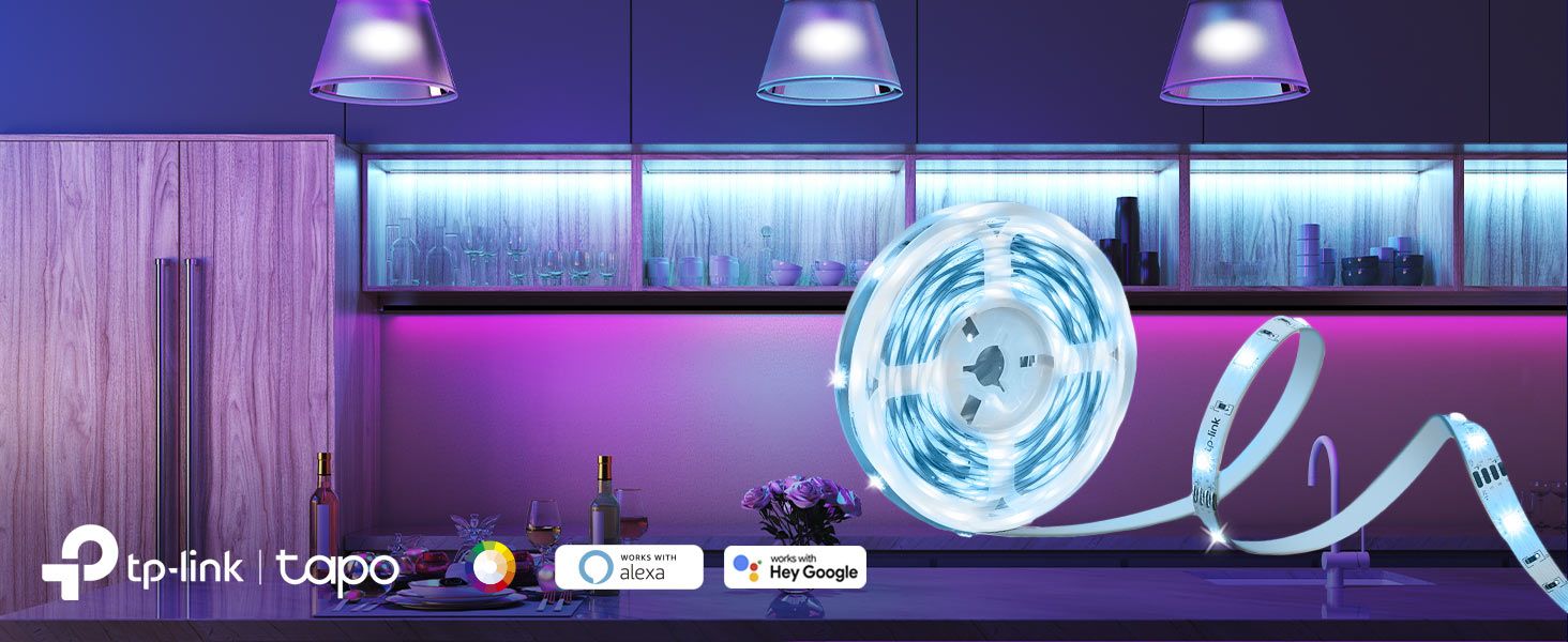 Shows the light strip works with Alexa and Google Assistant to reassure shoppers about voice control compatibility.