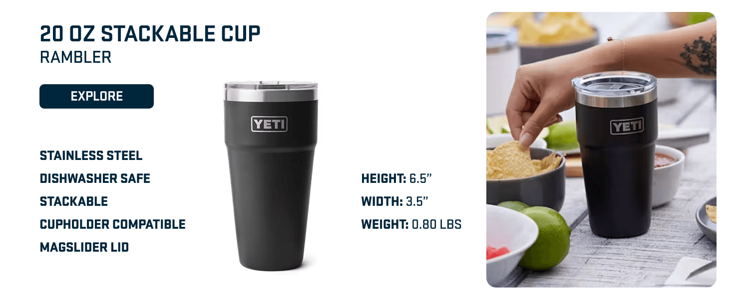 Highlights multiple key features and benefits of the 20 oz stackable cup including material, compatibility, and physical dimensions to help shoppers understand the product's versatility and quality.