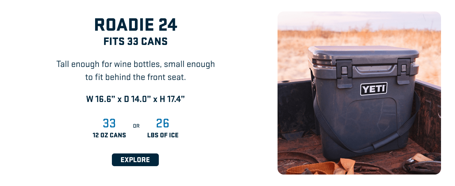 Presents one model from the YETI Roadie cooler lineup with capacity specs and dimensions to help shoppers choose the right size for their needs. Highlights the cooler's capacity with quantifiable…