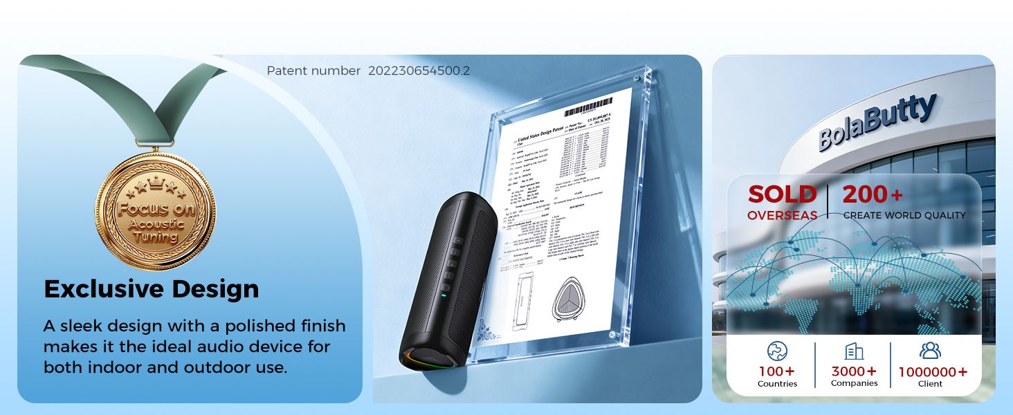 Presents several distinct brand credentials in segmented panels, including a polished sleek design for indoor and outdoor use, a patent certificate for the design, and worldwide sales reach to build…
