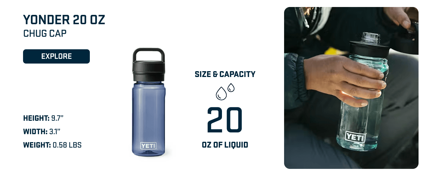 Communicates the exact physical size and liquid capacity of the 20 oz chug cap bottle to help shoppers understand the product dimensions and volume. Highlights the 20 oz liquid capacity as a key…