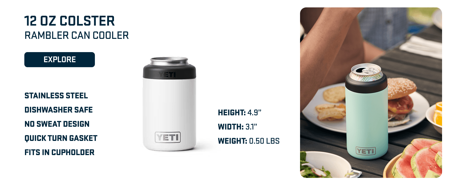 Showcases multiple features and specifications of the 12 oz colster including material quality, design benefits, and physical dimensions to help shoppers understand the products advantages. Provides…
