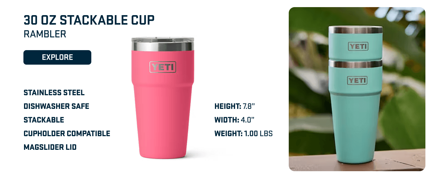 Highlights multiple key features and benefits of the 30 oz stackable cup including material, compatibility, and physical dimensions to help shoppers understand the product's versatility and quality.