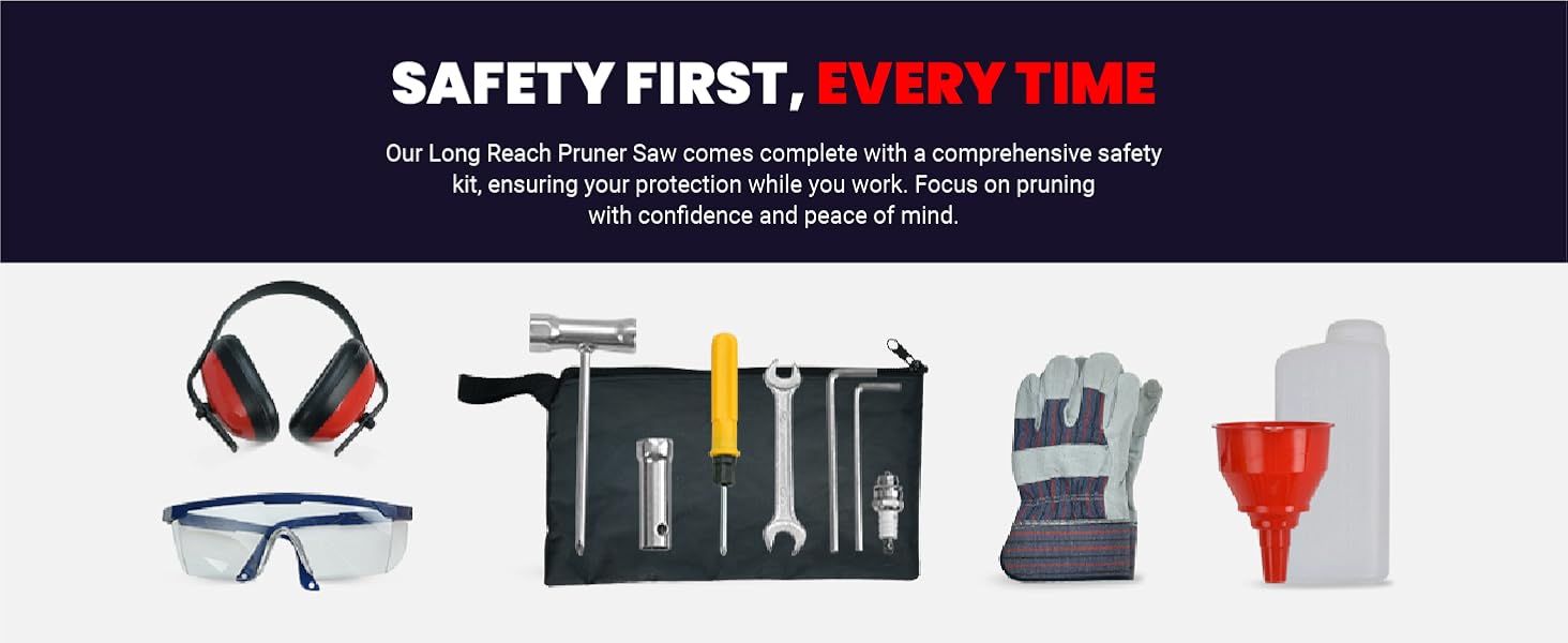 Reassures shoppers that the pruner saw includes a full safety kit of ear protection, eye protection, and gloves so they can work with confidence and peace of mind. Shows the accessories included in…