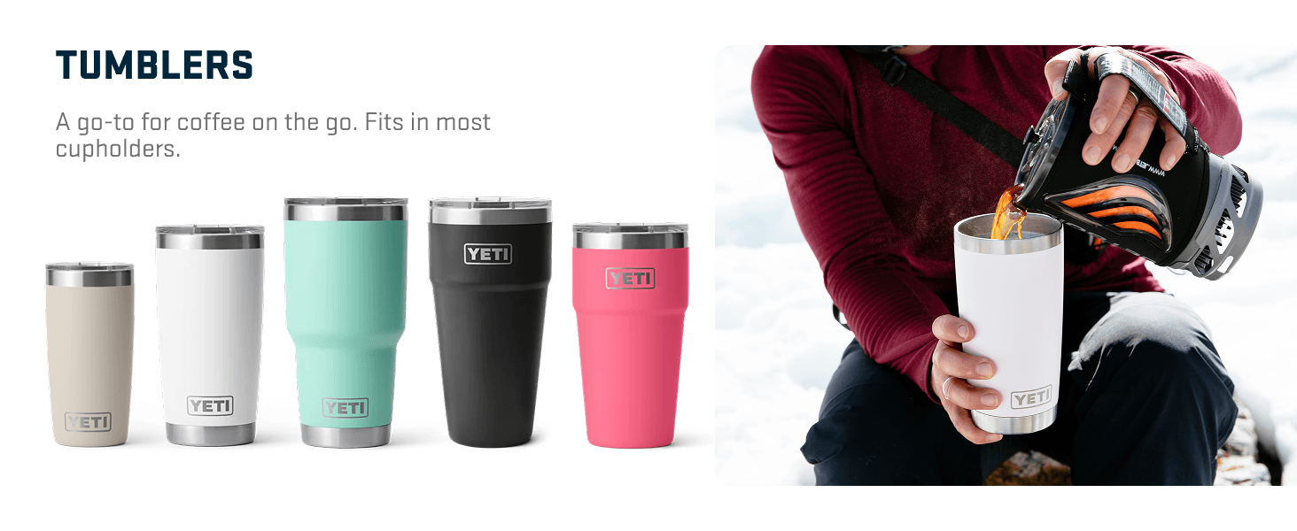 Showcases the YETI tumbler product line in various sizes and colors to help shoppers understand the range of options available and choose the right product for their needs.