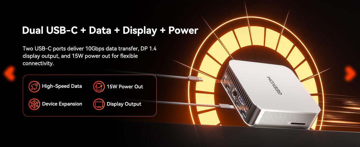 Shows four connectivity benefits in segmented callouts so shoppers understand the USB-C ports handle data, power, and display output.