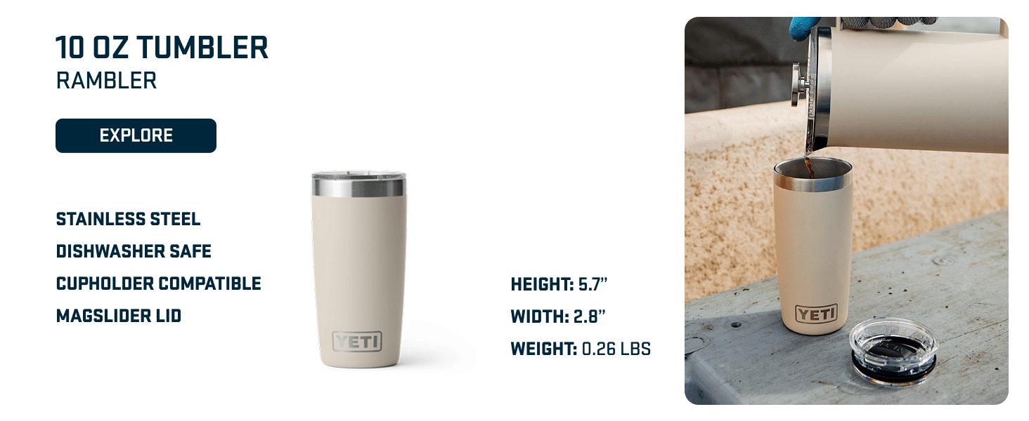 Highlights multiple key features and benefits of the 10 oz tumbler including material, compatibility, and physical dimensions to help shoppers understand the product's versatility and quality.