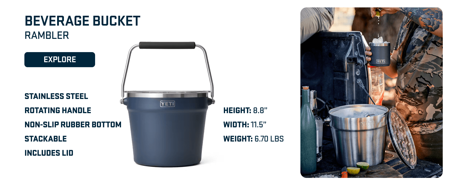 Showcases multiple product features and specifications in a segmented layout alongside lifestyle imagery to help shoppers understand key benefits and dimensions of the beverage bucket.