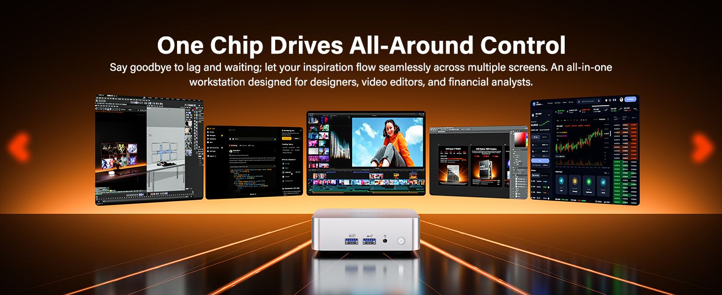 Shows the mini PC driving multiple screens across creative and financial work so shoppers see it suits designers, editors, and analysts. Communicates one core message that a single chip powers…