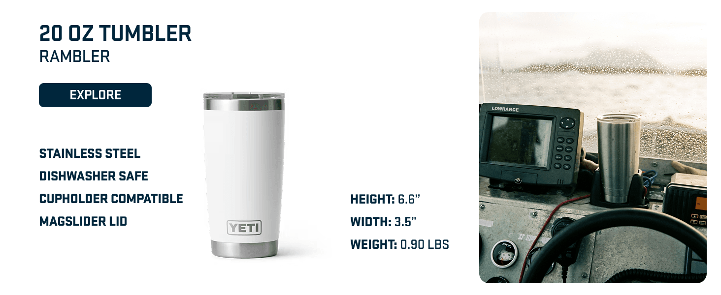 Highlights multiple key features and benefits of the 20 oz tumbler including material, compatibility, and physical dimensions to help shoppers understand the product's versatility and quality.