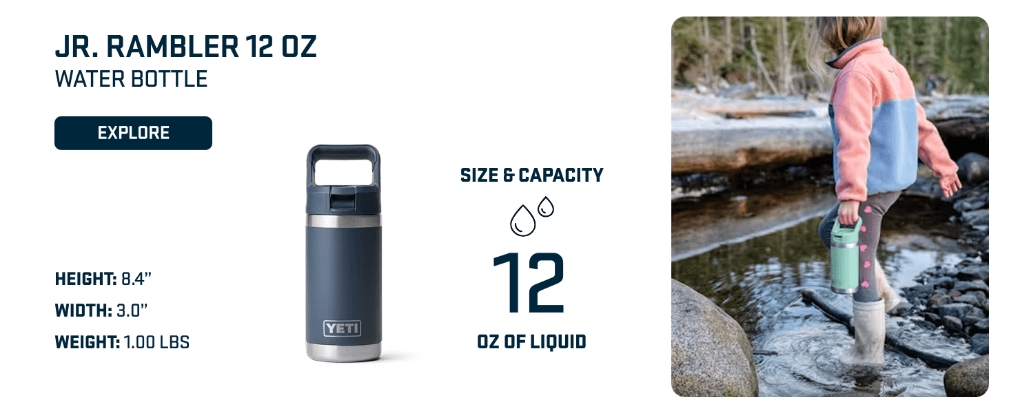 Introduces the Jr. Rambler 12 oz water bottle as part of the brand's product lineup, highlighting its smaller size and capacity for younger users or different use cases. Communicates the exact…