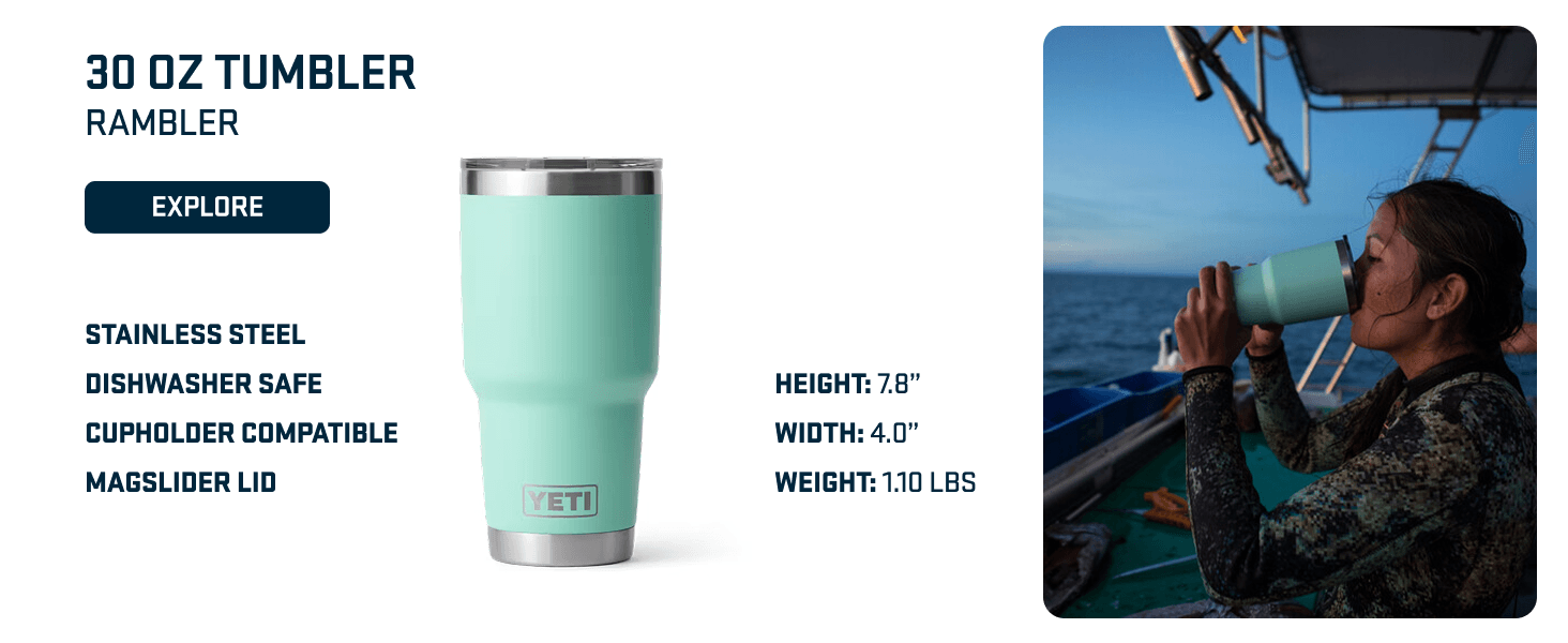 Highlights multiple key features and benefits of the 30 oz tumbler including material, compatibility, and physical dimensions to help shoppers understand the product's versatility and quality.