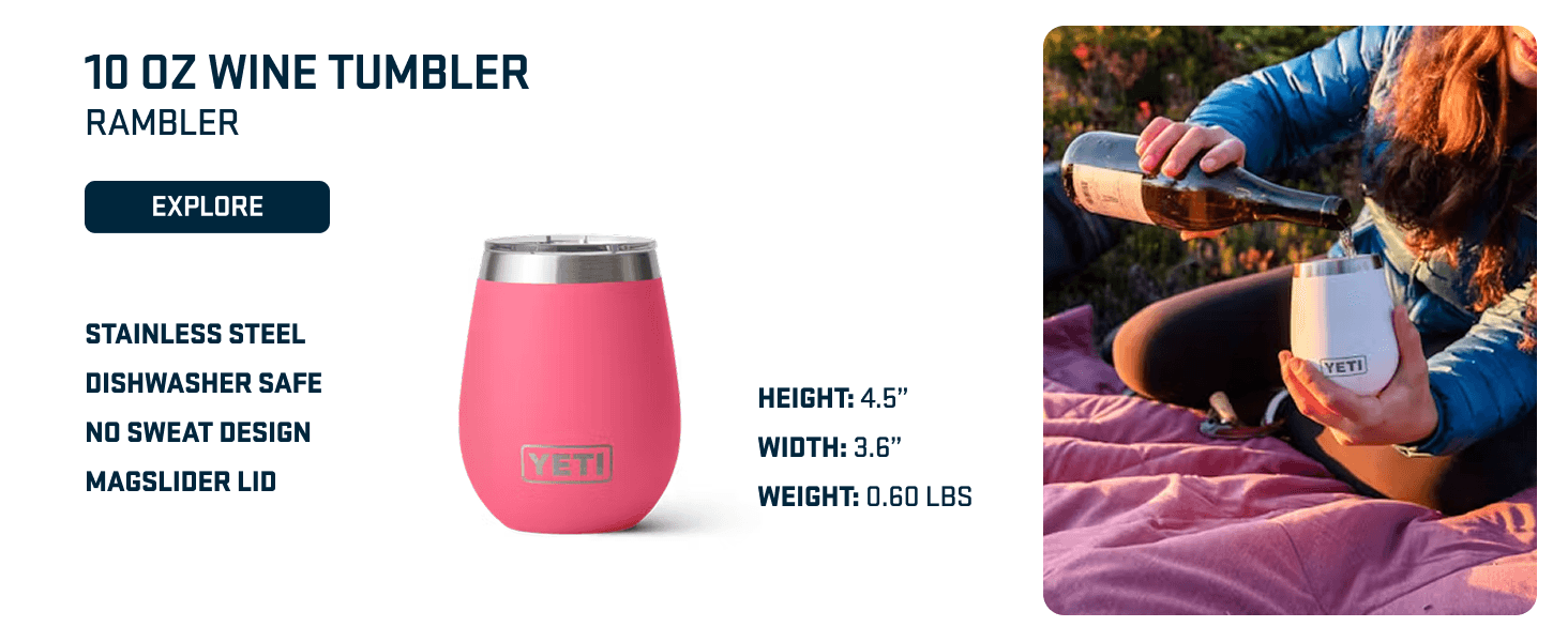 Highlights multiple product features and exact dimensions in a segmented layout with lifestyle imagery to communicate the wine tumbler's key benefits and specifications.