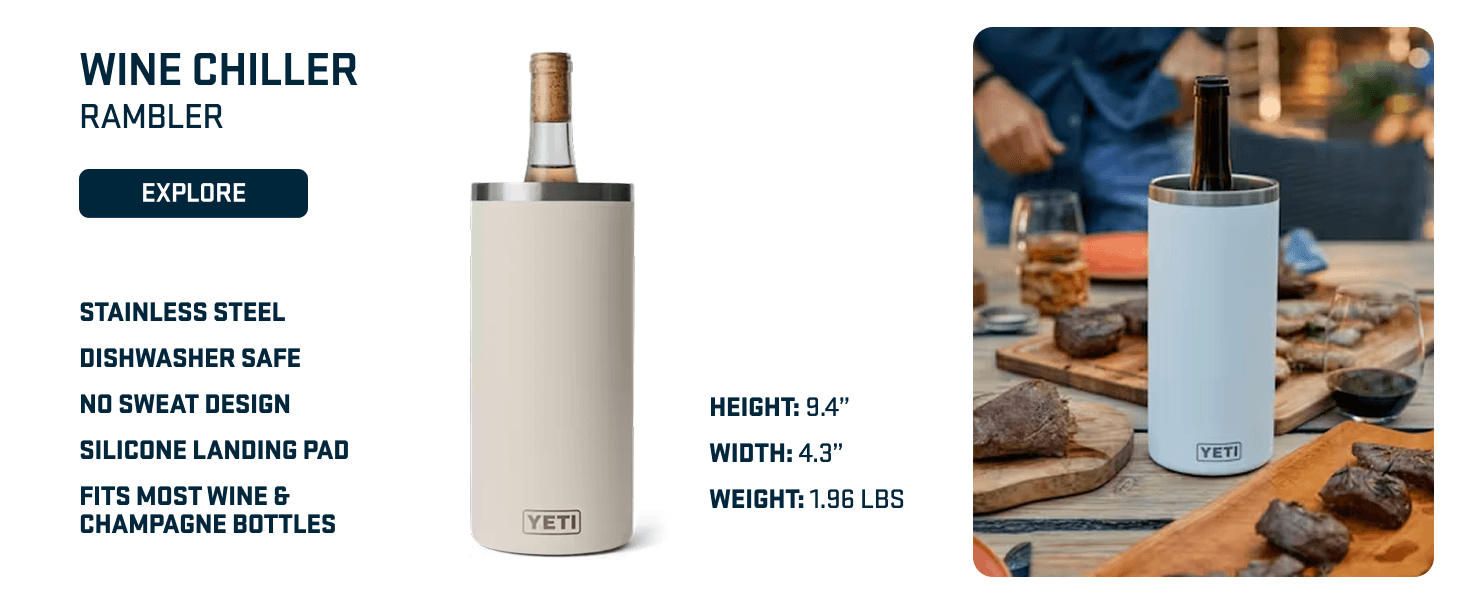 Presents multiple product features and specifications in a segmented layout alongside lifestyle imagery to communicate the wine chiller's key benefits and dimensions.