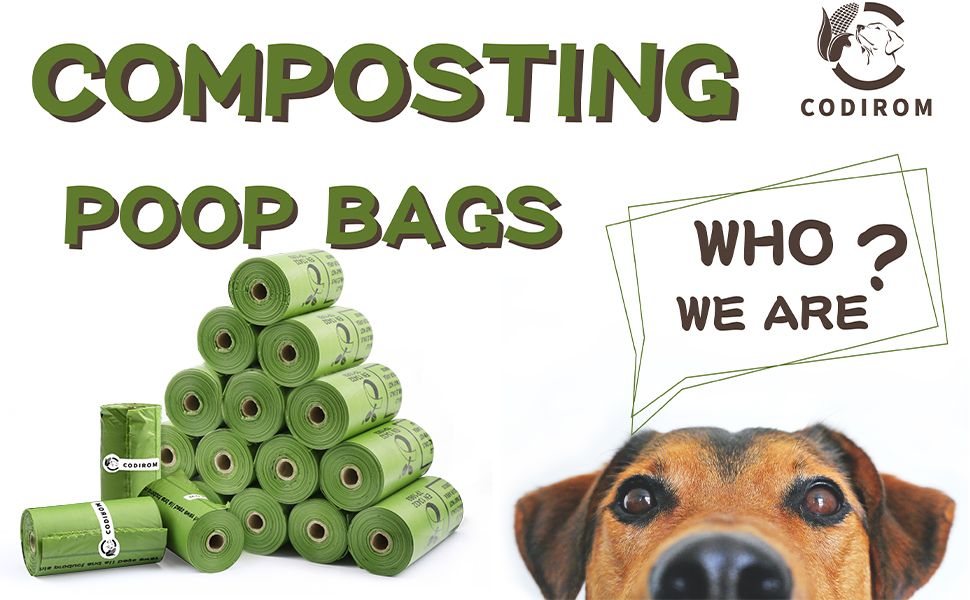 Showcases the product (compostable poop bags) to clearly show shoppers what they will receive. Introduces the Codirom brand and its eco-friendly dog waste bag product to build brand awareness.