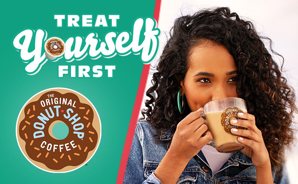 Communicates the brand's identity and emotional positioning with the tagline Treat Yourself First to build connection and reinforce the indulgent, self-care nature of the coffee product.