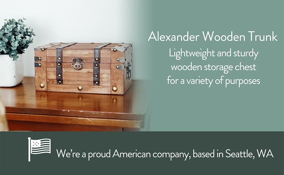 Communicates the key benefits of the wooden trunk as a lightweight yet sturdy storage solution suitable for multiple purposes, while establishing brand credibility through American heritage…