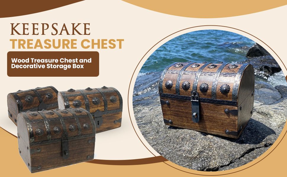 Presents the wood treasure chest as a decorative storage solution through clean product photography and lifestyle context to help shoppers visualize the product.