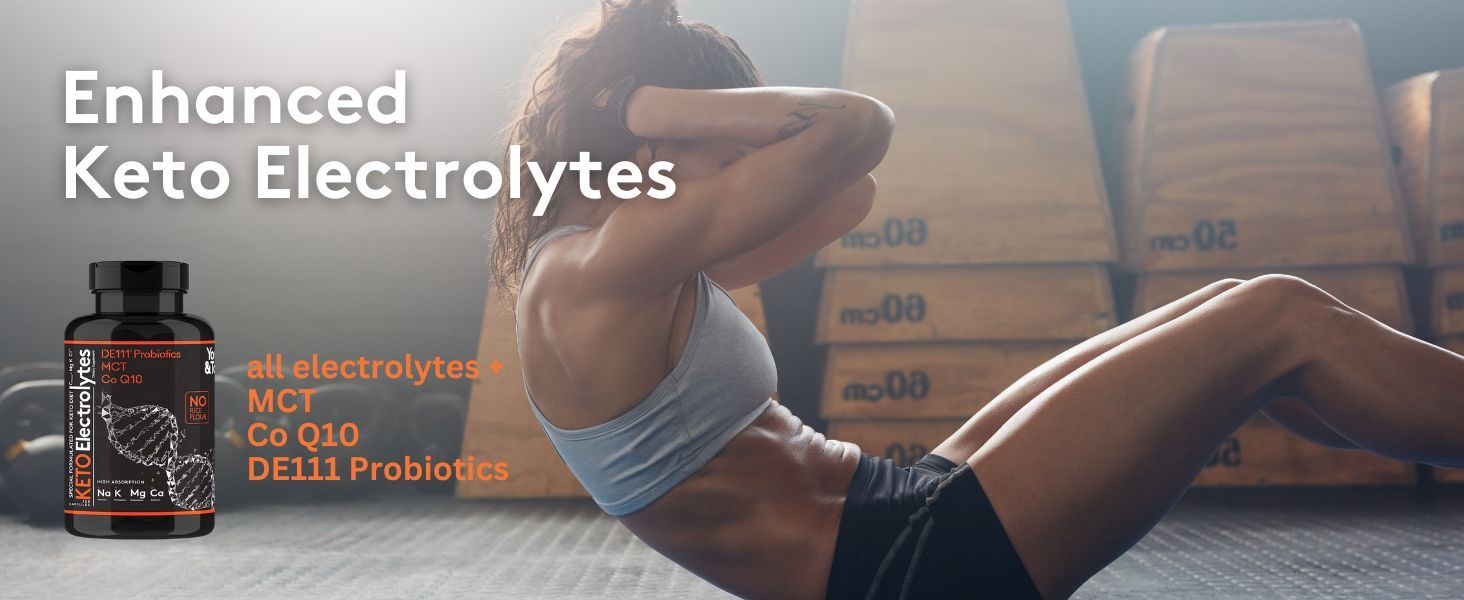Communicates the key product benefit of enhanced keto electrolytes with MCT, CoQ10, and probiotics to support fitness and wellness goals.