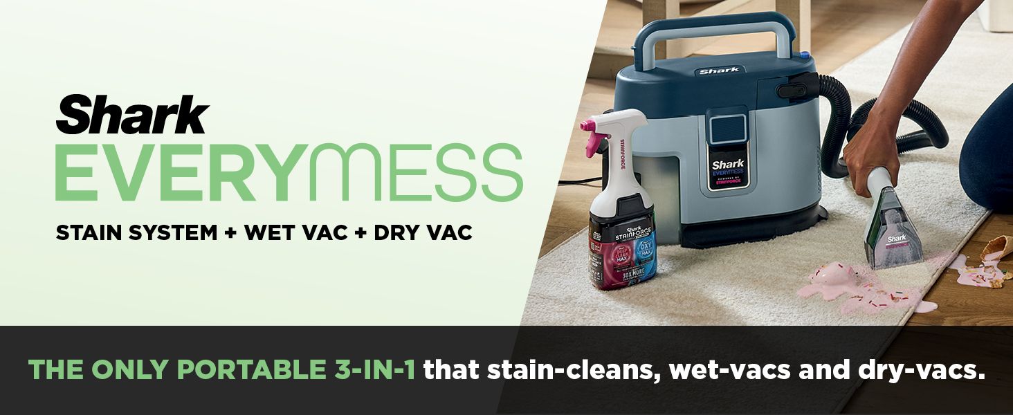 Communicates the unique selling proposition that this is the only portable system combining stain cleaning, wet vacuuming, and dry vacuuming in one device, emphasizing versatility and convenience.…