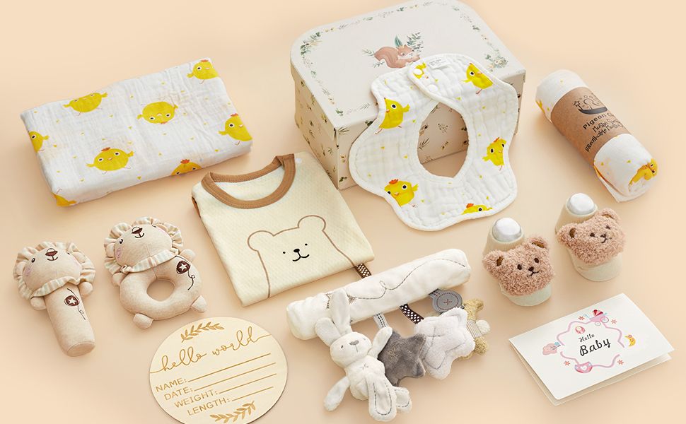 Shows all items included in the baby gift bundle to help shoppers understand the complete value and variety of products they will receive.