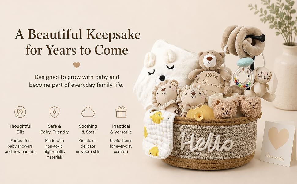Showcases multiple product benefits in a visually organized layout with four distinct value propositions to help shoppers understand why this baby gift set is thoughtful, safe, soothing, and…