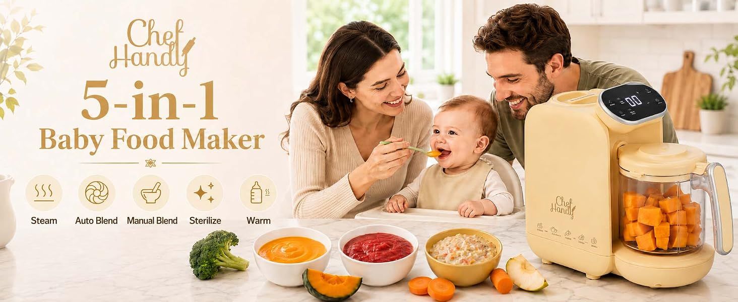 Showcases the five distinct functions of the baby food maker in a visually organized layout with icons and labels, helping parents quickly understand the versatile capabilities of the product. Shows…