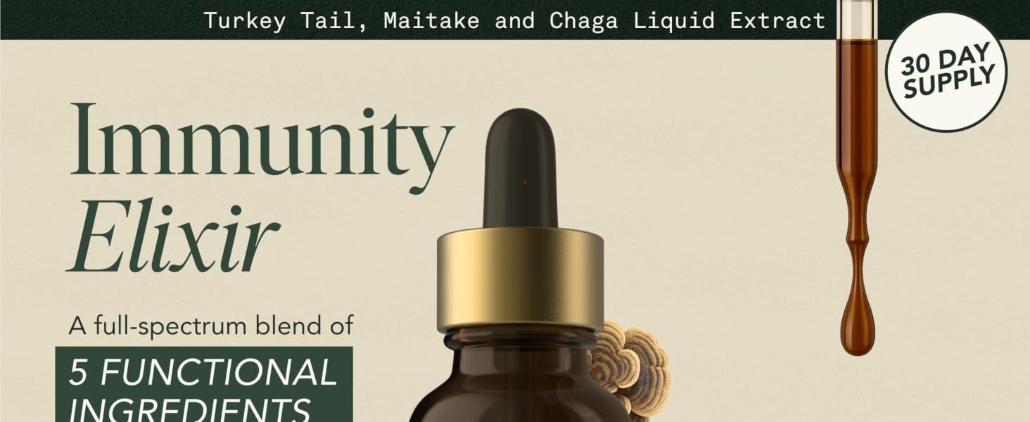 Communicates the product's core benefit as an immunity elixir with 5 functional ingredients, reassuring shoppers of its health-supporting properties and 30-day supply value.
