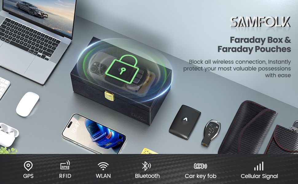 Showcases multiple wireless signal blocking capabilities (GPS, RFID, WLAN, Bluetooth, Car key fob, Cellular Signal) to communicate comprehensive security protection for valuable items. Demonstrates…