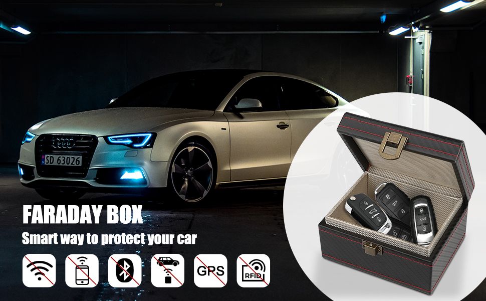Communicates the primary benefit of the Faraday Box as a smart security solution that blocks wireless signals to protect car keys from theft. Highlights the safety and security aspect of the product…