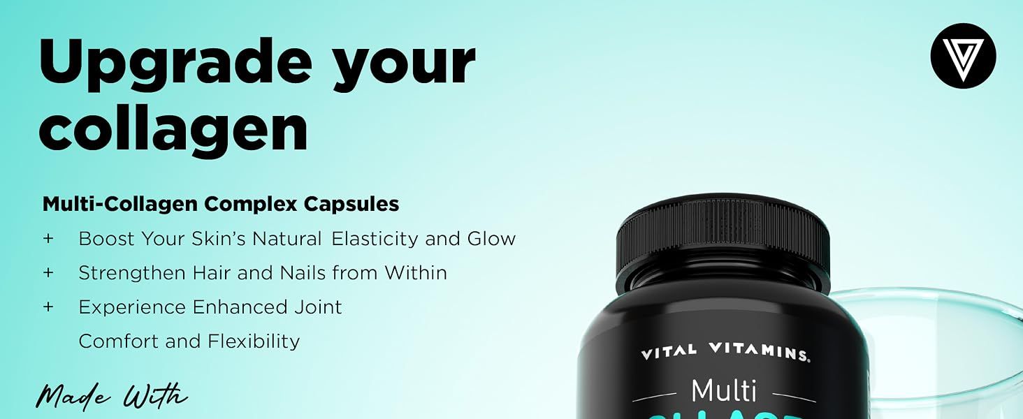 Showcases multiple distinct health and beauty benefits of the collagen supplement in a bulleted list format to help shoppers understand the comprehensive value proposition.