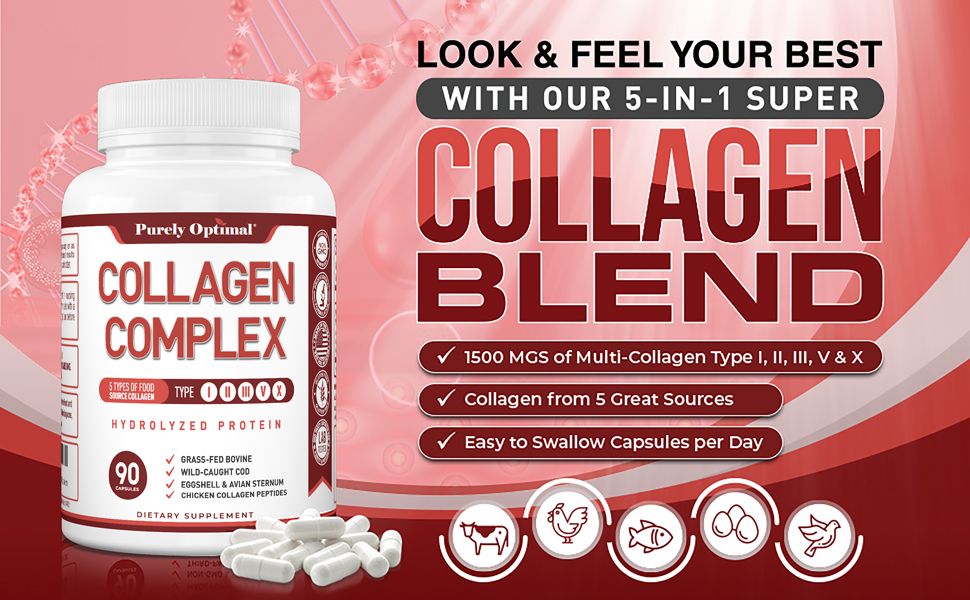 Showcases multiple product benefits including the 5-in-1 collagen blend, dosage amount, multiple collagen sources, and ease of use to help shoppers understand the comprehensive value proposition.…