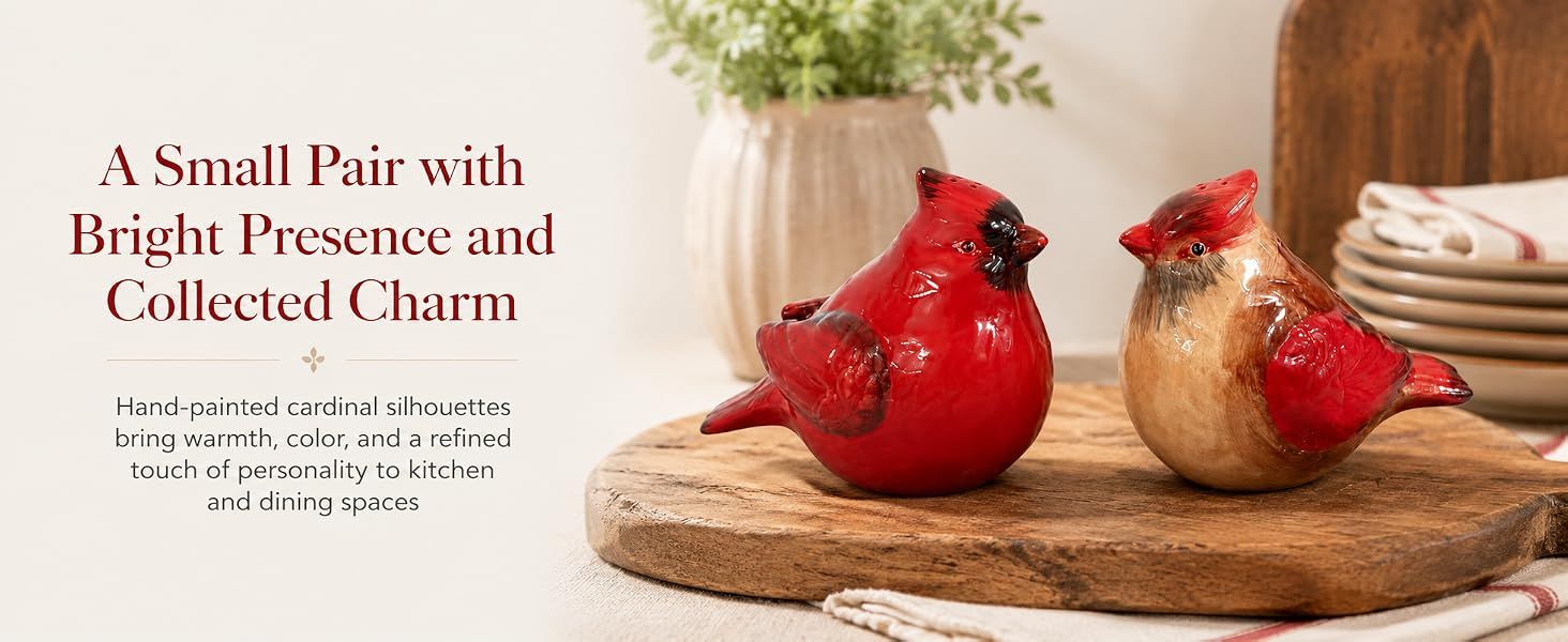 Highlights the aesthetic and emotional value of the hand-painted cardinal figurines, emphasizing how they add warmth, color, and personality to kitchen and dining spaces.