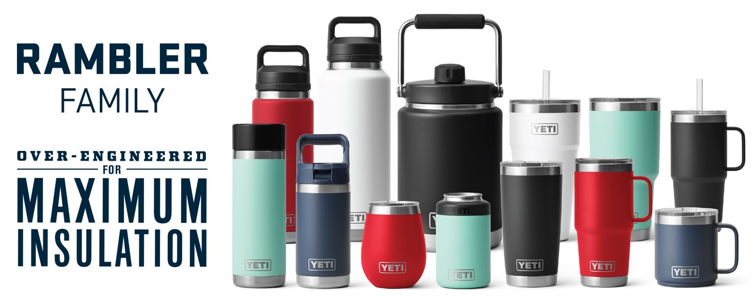 Displays the full YETI Rambler product family lineup while emphasizing the brand's core value proposition of maximum insulation engineering to help shoppers understand the breadth of options…